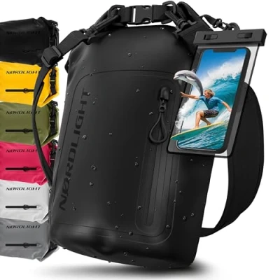 Abbildung von Nordlight Dry Bag wasserdichte Tasche mit Handyhülle + Roll Top, Schultergurt Drybag wasserfester Rucksack Beutel Packsack Seesack Wassersack Wetbag Baden Schwimmen Strand SUP Schwarz, 20 Liter