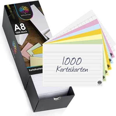 Abbildung von OfficeTree 1000 Karteikarten Set A8 Liniert, Kariert, Blanco und Bunt Lernkarten mit Box für Englisch Vokabeln, Formeln Notizen