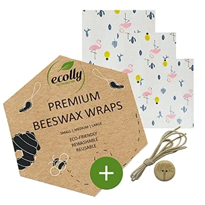 Abbildung von ecolly Bienenwachstücher 3er Set (S, M, L), Bienenwachspapier, Beeswax Wrap, Plastikfrei &amp; wiederverwendbar, OHNE Jojobaöl, inklusive Knopf Baumwollfaden Tropical