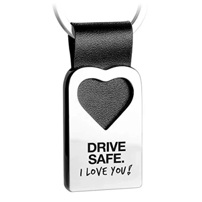 Abbildung von FABACH Herz Schlüsselanhänger mit Gravur aus Leder Auto Glücksbringer Anhänger Fahr vorsichtig Drive safe I love you