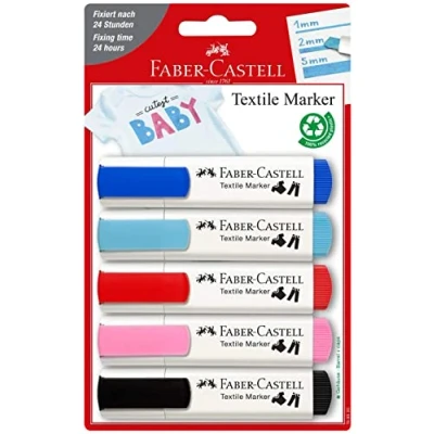 Abbildung von FABER CASTELL 159530 Textilmarker in Baby Farben, geeignet für helle Stoffe, 5er Packung, ideal Babypartys, Kindergeburtstage, Junggesellenabschiede