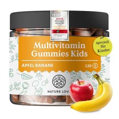 Abbildung von NATURE LOVE® Multivitamin Gummies Kids 120 Stück ohne Zuckerzusatz Mit Vitamin A, B1, B3, B6, B7 (Biotin), B12, E und Jod Vitamine für Kinder als Gummibärchen vegan laborgeprüft