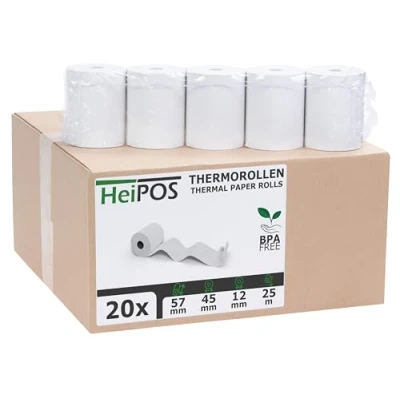 Abbildung von HeiGroup HeiPOS 20x Thermorollen BPA frei (B/Ø) 57mm / 45mm Länge 25m, Kern Ø 12mm, Flächengewicht 52 g/m2, Dicke 60 µm, 10 Jahre Haltbarkeit