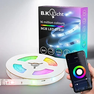 Abbildung von B.K.Licht I Wifi RGBIC LED Strip 5 m App Steuerung Musiksensor Lichtleiste Lauflicht Streifen kompatibel mit Alexa Smartes Band selbstklebend