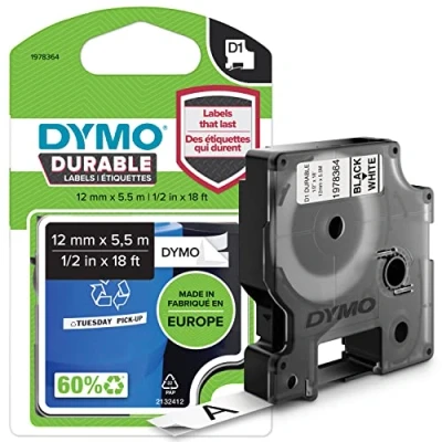 Abbildung von DYMO Original D1 Hochleistungs Etikettenband, schwarz auf weiß, 12 mm x 5,5 m, permanent haftendes Vinyl Schriftband, für LabelManager Beschriftungsgerät