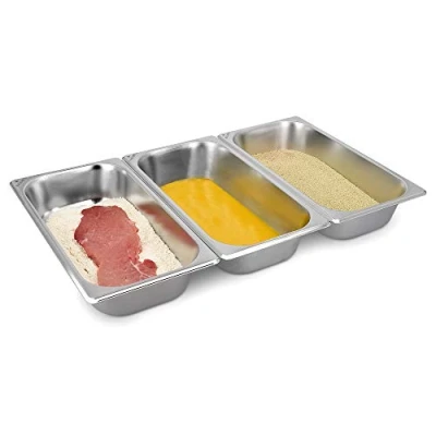 Abbildung von Navaris Panier Set aus Edelstahl 3 teilig 3x Schale zum Panieren 32,5 x 17,5 6,5 cm Schnitzel Fleisch Fisch Metall Panierstraße rechteckig