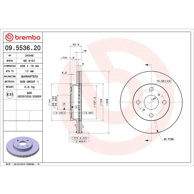 Abbildung von BREMBO 09.5536.20 Bremsscheibe 238 18 4 innenbelüftet TOYOTA: Starlet V Hatchback, Paseo Coupe, IV Hatchback