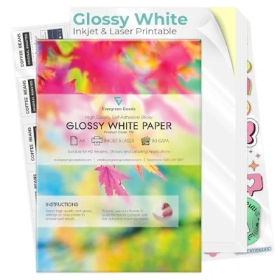 Abbildung von Evergreen Goods 50 Blatt A4 Glänzendes Aufkleberpapier Weiß Selbstklebend Inkjet /Laserbedruckbares Papier DIY Aufkleber Kunst &amp; Handwerk Plotter kompatibel Starke Rückseite