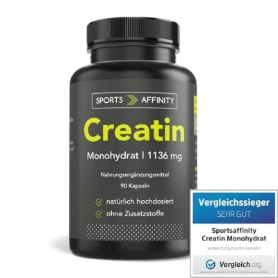 Abbildung von Sports Affinity Creatin Monohydrat Kapseln 3408 mg pro Tagesdosis Geschmacksneutral Zur Erhöhung der körperlichen Leistung Made In Germany 90
