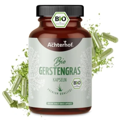 Abbildung von Gerstengras Kapseln Bio 180 Stück fein gemahlenes im Kapsel Format aus kontrolliert biologischem Anbau ohne Zusätze vegane Kapselhülle vom Achterhof