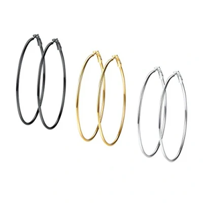 Abbildung von PROSTEEL 3er Ohrringe Set 70mm Damen Creolen Huggie Kreolen Edelstahl Hoop Klappcreolen Ohr Piercing Gold Schwarz Silber 3 Farbe