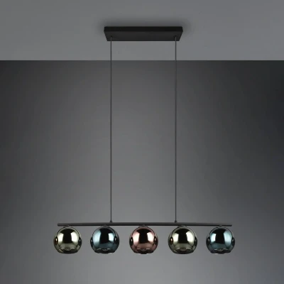Abbildung von Reality Leuchten Pendelleuchte Sheldon R31305017, Metall Schwarz matt, Glas Blau/Grün/Kupferfarbig, exkl. 5x E14