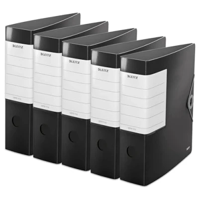 Abbildung von Leitz Qualitäts Ordner 180 Solid, 5er Pack, A4, Schwarz, 8,2 cm Rückenbreite, Gummibandverschluss, Robustes Polyfoam, extra breites, austauschbares Rückenschild, 11120095