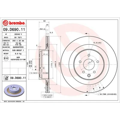 Abbildung von BREMBO 09.D690.11 Bremsscheibe 350 20 5 innenbelüftet beschichtet