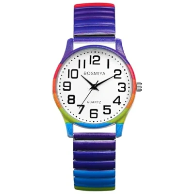 Abbildung von JewelryWe Damenuhr Regenbogen Elastische Uhr: Boho LGBTQ Gay &amp; Lesbian Pride Analog Quarz Armbanduhr Damen Stretch Armband Lässige Uhr mit Edelstahl Zugarmband großen Zahlen Zifferblatt