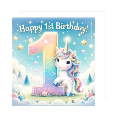 Abbildung von Edition Seidel Premium quadratische Geburtstagskarte zum 1. Geburtstag mit Umschlag. Glückwunschkarte Spruch Happy Birthday Billet Karte für Mädchen Kind Einhorn pink (GQ259 SW024)