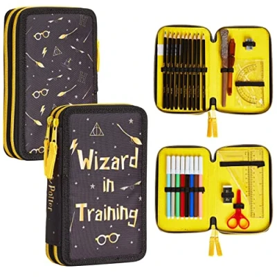 Abbildung von HARRY POTTER Federmäppchen für Kinder, gefüllt, mit Fach Buntstifte, Filzstifte, Ausmalen, Schulbedarf, Geschenk den Schulanfang, schwarz/gelb, 27 Unité (Lot de 1), Modern