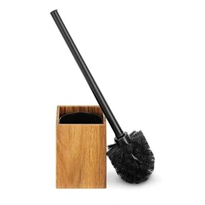 Abbildung von Navaris Toilettenbürste und Halter Akazienholz Klobürste mit aus Holz WC Bürste in Schwarz Klobürstenhalter Garnitur stehend