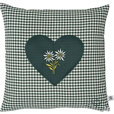 Abbildung von Zirbenkissen Bestickt mit Herz und Edelweiss grün karriert Größe 40x40 cm befüllt Zirbenflocken aus Zirbenholz in extra Inlett