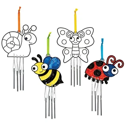 Abbildung von Baker Ross FC694 Insekten Windspiel Sonnenfänger 4er Pack, Musikalisches mit Metalglocken Bastelset für Kinder zum Anmalen und Dekorieren