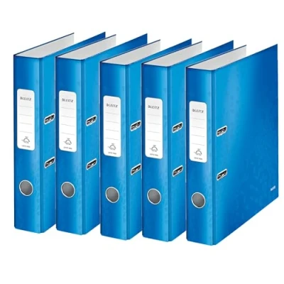 Abbildung von Leitz Qualitäts Ordner 180, 5er Pack, A4, schmal, 5,2 cm Rückenbreite, laminierte Graupappe, Blau, WOW Serie, 10064036