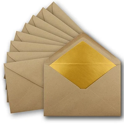 Abbildung von 10x DIN C5 Kuverts 15,7 x 22,5 cm aus Kraft Papier in sandbraun mit goldenem Seidenfutter Nassklebung Blanko Brief Umschläge Recycling Serie UmWelt