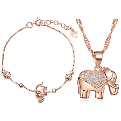 Abbildung von Yumilok Roségold 925 Sterling Silber Zirkonia Elefant Charm Armband Halskette Schmuck Set Armkette &amp; Kette mit Anhänger für Damen Mädchen