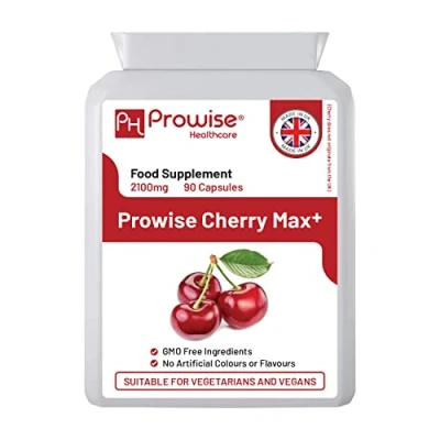 Abbildung von Cherry Max+ 2100mg Montmorency mit Schwarzkirsche I 90 vegane Kapseln hochfest Hergestellt in Großbritannien von Prowise Healthcare