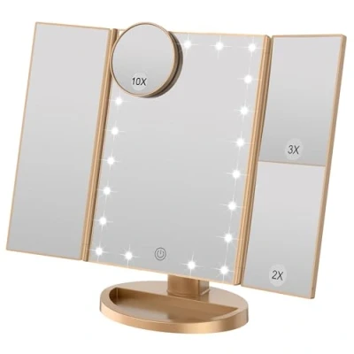 Abbildung von WEILY Schminkspiegel mit 2X/ 3X Vergrößerungund 21 LED Leuchten, Dual Power Supply Touchscreen Schalter (Golden)