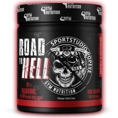 Abbildung von ROAD TO HELL Ultra Hardcore Booster Pre workout Pulver ATP + L Arginin Citrullin Beta Alanin Koffein 400g in Zusammenarbeit mit Sportstudio Popeye Cola Lime Geschmack Vegan