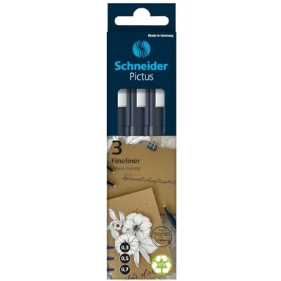 Abbildung von Schneider Pictus Fineliner (Strichstärken 0,3 , 0,5 und 0,7 mm, dokumentenechte Pigmetliner, metallgefasste Spitze, Gehäuse aus 85% recyceltem Kunststoff) schwarz, 3er Etui