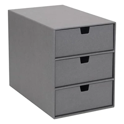 Abbildung von BIGSO BOX OF SWEDEN INGRID Schubladenbox für Dokumente und Bürobedarf Schreibtisch Organizer mit 3 Schubladen Ablagesystem aus Faserplatte Papier grau