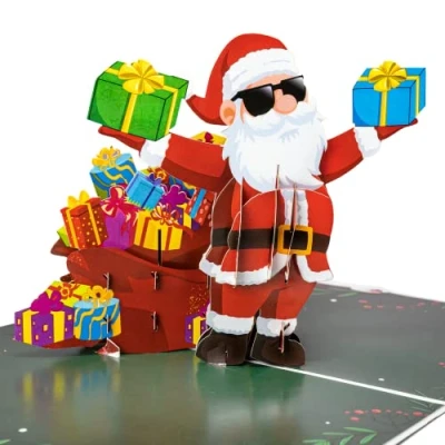 Abbildung von LIMAH® Pop Up 3D Grußkarte/Hochwertige Weihnachtskarte/X Mas Karte zu Weihnachten/in Grün/Motiv Cooler Weihnachtsmann mit Sonnenbrille und einem Geschenkesack