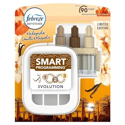 Abbildung von Febreze 3Volution Duftstecker (20 ml) Madagaskar Vanille &amp; Magnolie, Starterset mit automatischem Frischeduft System, 3 abwechselnde Düfte entfernen Gerüche weiß