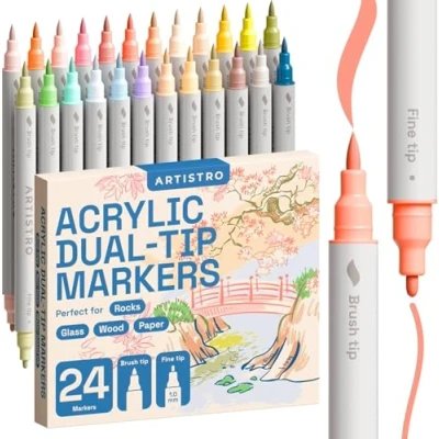 Abbildung von Artistro 24 Pastell Acrylfarbenmarker mit Doppelspitze Pinsel + Feinspitze Kombination Farbstifte für mehrere Oberflächen in sanften Farben
