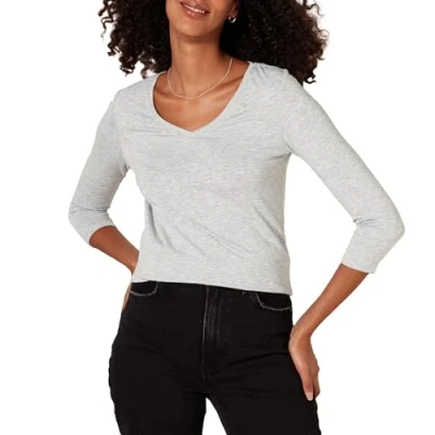 Abbildung von Amazon Essentials Damen T Shirt Mit V Ausschnitt Und 3/4 Ärmeln, Klassischer Schnitt (Erhältlich In Übergröße), Hellgrau Meliert, L