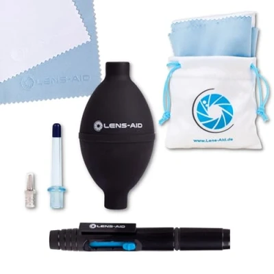 Abbildung von Lens Aid Kamera Reinigungsset 3in1 Power Blasebalg mit 2 Düsen, Pen und 5 Mikrofasertüchern für Sensorreinigung, Objektiv, Kamera, Display, Filter, Optik Ideal Fotozubehör &amp; Technik