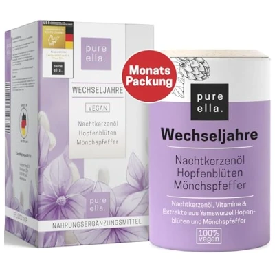 Abbildung von Pure Ella Wechseljahre Vitalstoffkomplex für Frauen bei Symptomen der Enthält Nachtkerzenöl, Yamswurzel und Mönchspfeffer Natürlich, Hormonfrei, Vegan 60 Menopause Kapseln