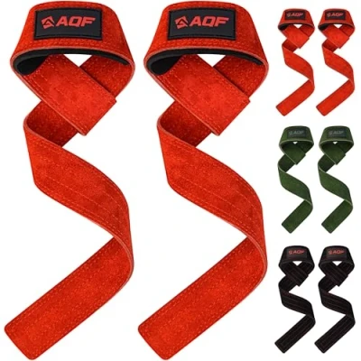 Abbildung von AQF Leder Zughilfen Krafttraining Wildleder Profi Lifting Straps für Bodybuilding und Weightlifting Kreuzheben Gurte, Gym Fitness Frauen Männer