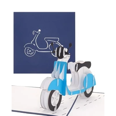 Abbildung von Grußkarte Motorroller blau 3D Pop Up Karte Motorroller, Geburtstagskarte, 3D, Geschenk zum Führerschein, Führerschein Geschenk, Italienkarte
