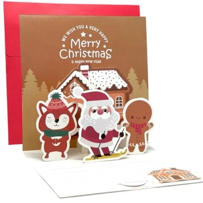 Abbildung von Weihnachtskarte 3D Pop up Grußkarte mit Briefumschlag, Geschenk für Weihnachten, Merry Christmas Karte (Merry (Braun))