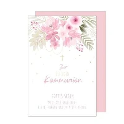 Abbildung von Edition Seidel Premium Glückwunschkarte zur Kommunion mit Umschlag. Kommunionskarte Karte Spruch Grusskarte Kreuz Blumen Junge Mädchen (KO299 SW024)