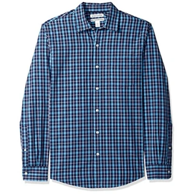 Abbildung von Amazon Essentials Herren Langärmeliges Hemd aus Popeline, Schmale Passform, Marineblau Karomuster, M