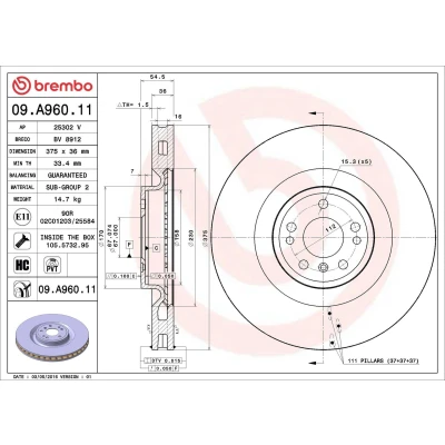 Abbildung von BREMBO COATED DISC LINE 09.A960.11 Bremsscheibe 375 36 5 innenbelüftet beschichtet hochgekohlt mit Schrauben MERCEDES BENZ: ML Class