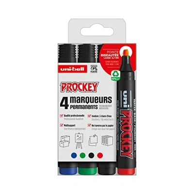 Abbildung von Uni Ball Prockey Mitsubishi Pencil Permanentmarker, geruchslos, PM126, Multihalter, Wasserbasis, geruchsneutral, breite abgeschrägte Spitze, 5,7 mm, Null Verpackung aus Kunststoff, 4 Farben