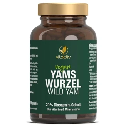 Abbildung von VITACTIV Yams Wurzel, Wild Yam 120 Kapseln (2 Monatspack) 880mg Yamswurzel Extrakt pro Tagedosis, 20% bzw. 176mg Diosgenin Für körpereigenen DHEA Spiegel, bei Menopause (Wechseljahren)