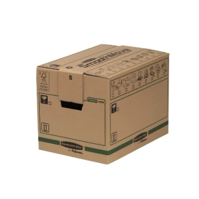 Abbildung von BANKERS BOX SmoothMove Heavy Duty Umzugskarton aus doppelt verstärkter Wellpappe mit Tragegriffen, schneller FastFold Aufbau ohne Klebeband, 37.5 Liter, 30 x 40.5 cm, 5 Stück