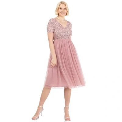 Abbildung von Maya Deluxe Damen Embellished Midi Evening Dress Women Ladies V Neckline with Short Sleeve for Prom Wedding Brautjungfernkleid, Vintage Rose, 34