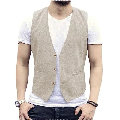 Abbildung von AeoTeokey Herren Sommer Leinenweste Anzug Weste Casual Regular Fit(Beige,L)