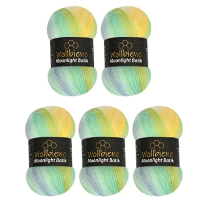 Abbildung von Wollbiene Moonlight Batik 5 x 100g Strickwolle 500 Gramm Wolle zum Stricken und Häkeln 20% türkische Farbverlaufswolle (3070 gelb türkis blau)